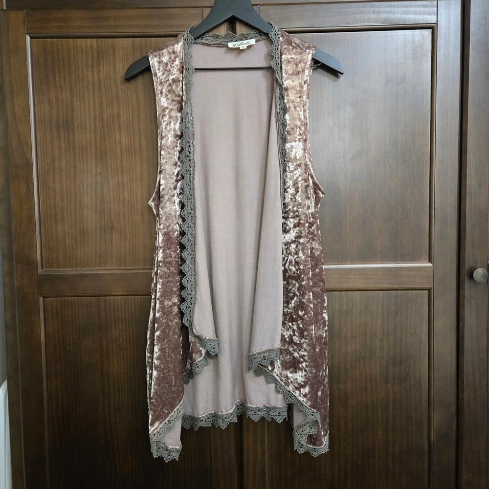 Listicle Womens Crushed Velvet Open Front Vest Mauve Lace Trim LJ0053 Size M - Picture 2 of 10